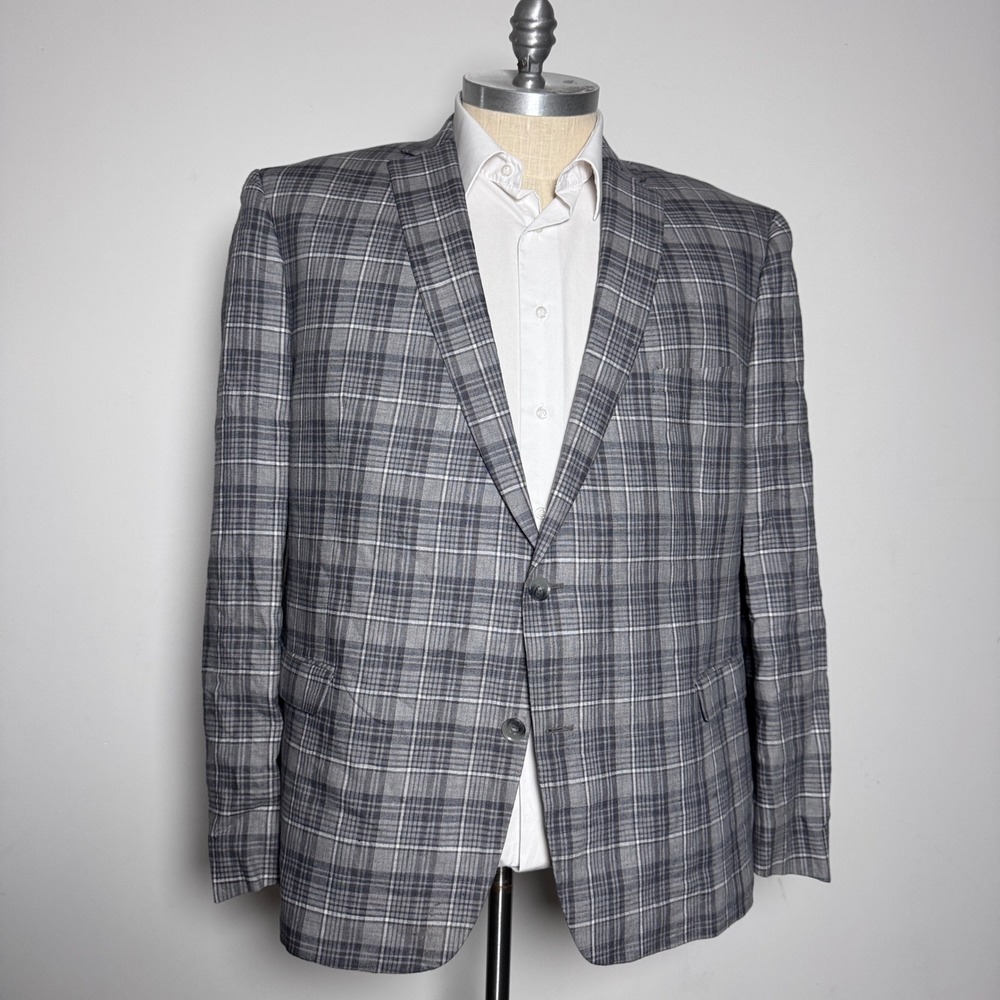 Bar III Blazer Mens 52R Grey Plaid 100% Linen Slim Fit Two Button Sport Coat